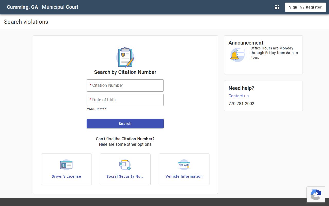 Blank official Cumming municipal citation search form with no person or result displayed