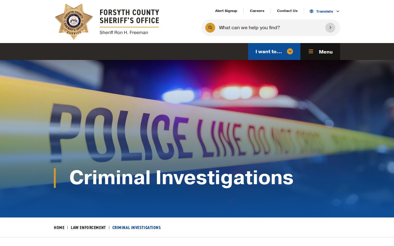 Forsyth County Sheriff Criminal Investigations page showing Warrant Unit contacts and duties