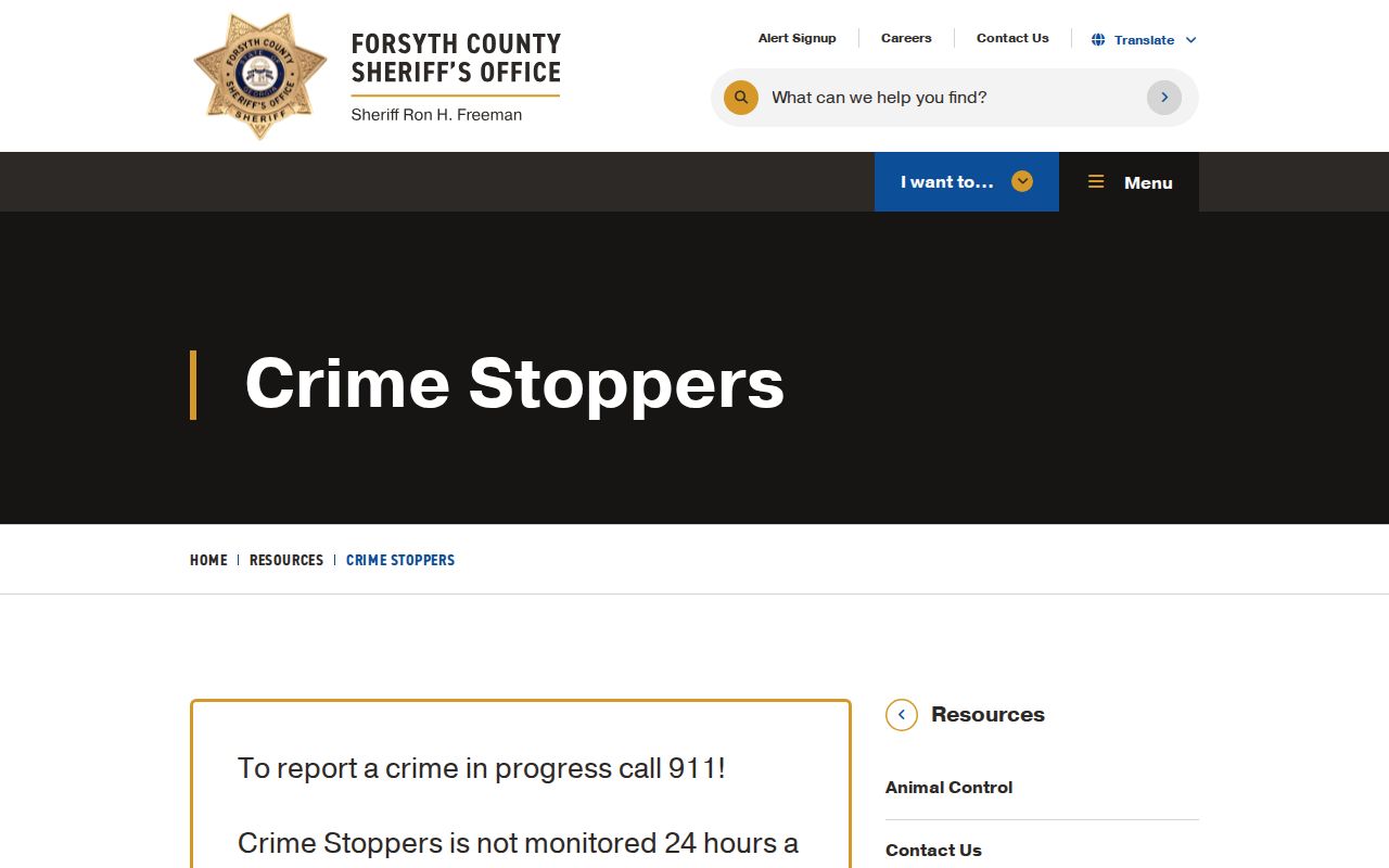 Official Forsyth County Crime Stoppers program page with anonymous tip and emergency guidance