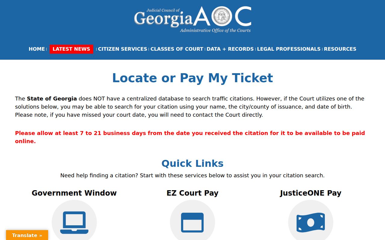Georgia Courts ticket guide for locating the issuing court